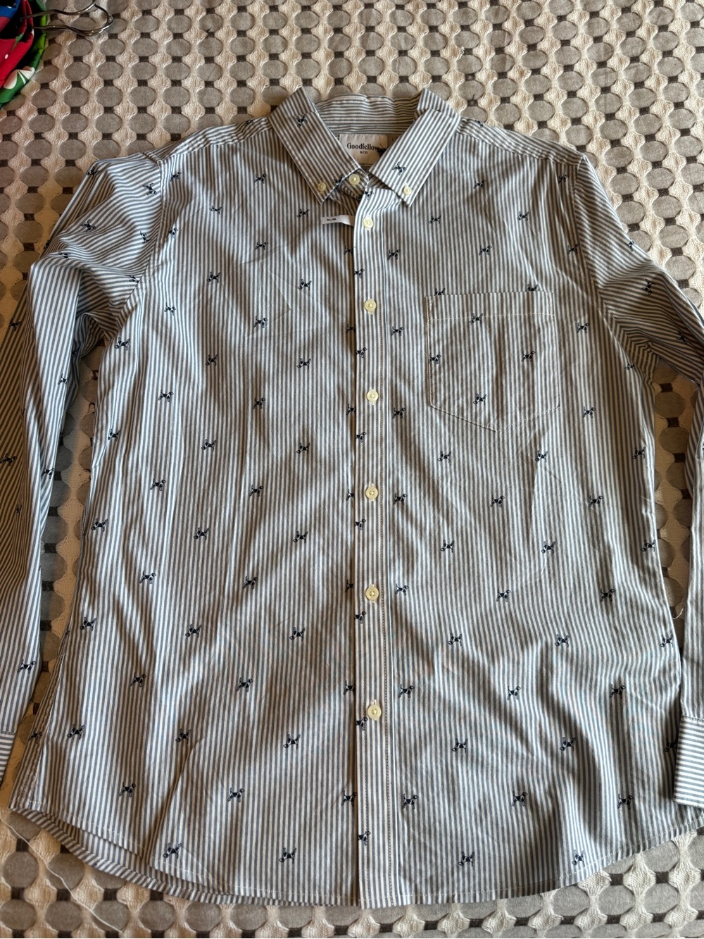Goodfellow & Co Men’s White and Blue Striped Button-Down Shirt with Dog Print